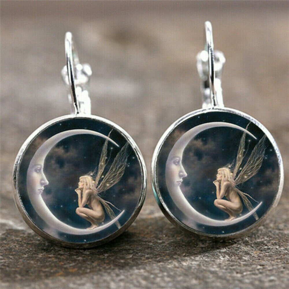 New Fairy & Moon Festival Silver Christmas Holiday Gift Cabochon Drop Earrings